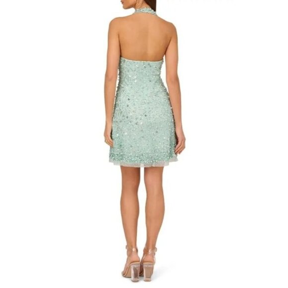 275$ Adrianna Papell Beaded Halter Neck Cocktail Mini Dress Size 12 Fresh Mint - Picture 2 of 3